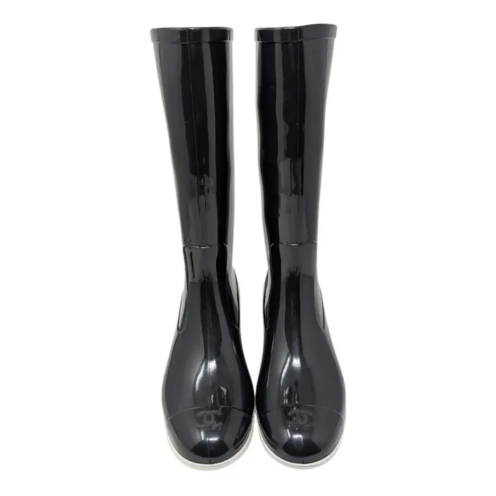 Chanel Rain Boots CC Logo Cap Toe Waterproof Knee Height Glossy Black 41 | 10.5